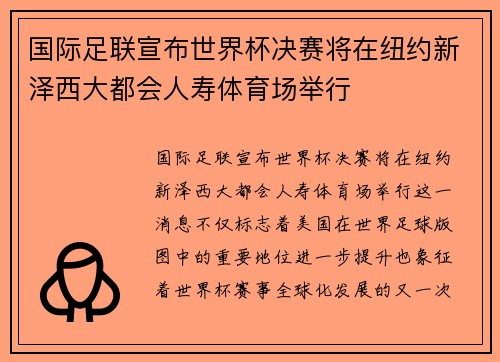 国际足联宣布世界杯决赛将在纽约新泽西大都会人寿体育场举行